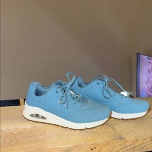 Skechers Light Blue Sneakers with White and Tan Accents. Gum Bottoms